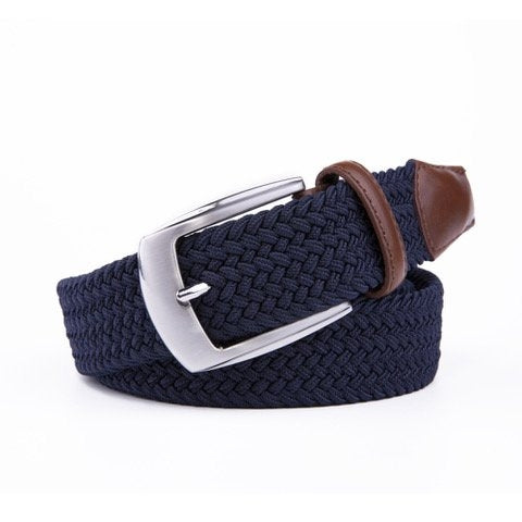 Elastic Fabric Braided Navy Belt For Men W Leather Tip Prong Buckle 1.3in Wide