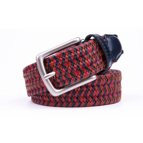 Braided Stretch Mens Belts Navy Red With Leather Tip Prong Buckle  1.3in Wide