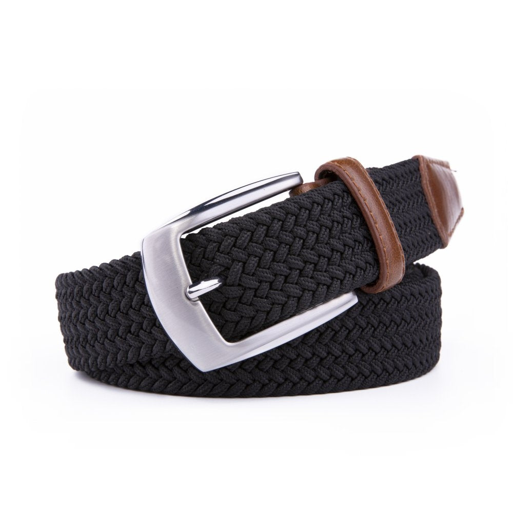 Elastic Fabric Braided Black Belts For Men W Leather Tip Prong Buckle 1.3in Wide