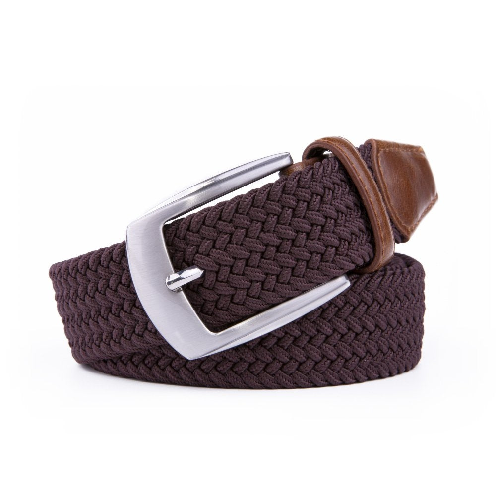 Elastic Fabric Braided Mens Belts Brown W Leather Tip Prong Buckle 1.3in Wide