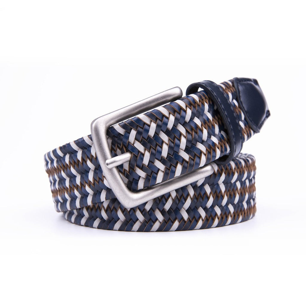 Braided Stretch Navy White Belts For Men W Leather Tip Prong Buckle  1.3in Wide