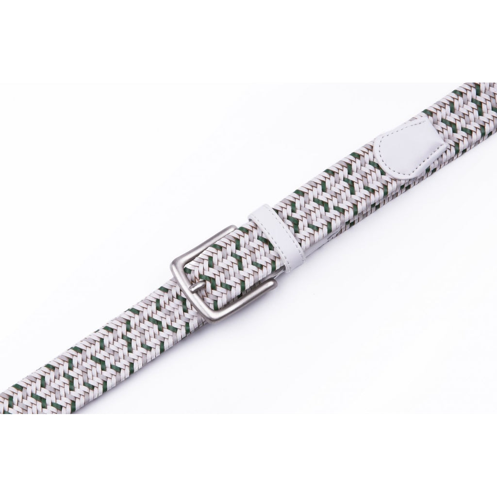Braided Stretch Mens Belts White With Leather Tip Prong Buckle  1.3in Wide