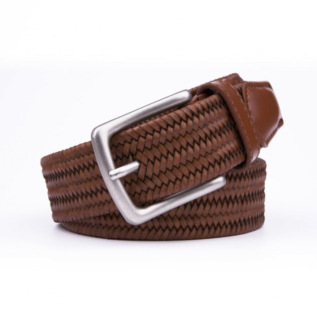 Braided Stretch Cognac Mens Belt With Leather Tip Prong Buckle  1.3in Wide