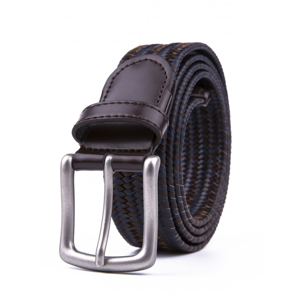 Braided Stretch Navy Brown Belt For Men W Leather Tip Prong Buckle  1.3in Wide