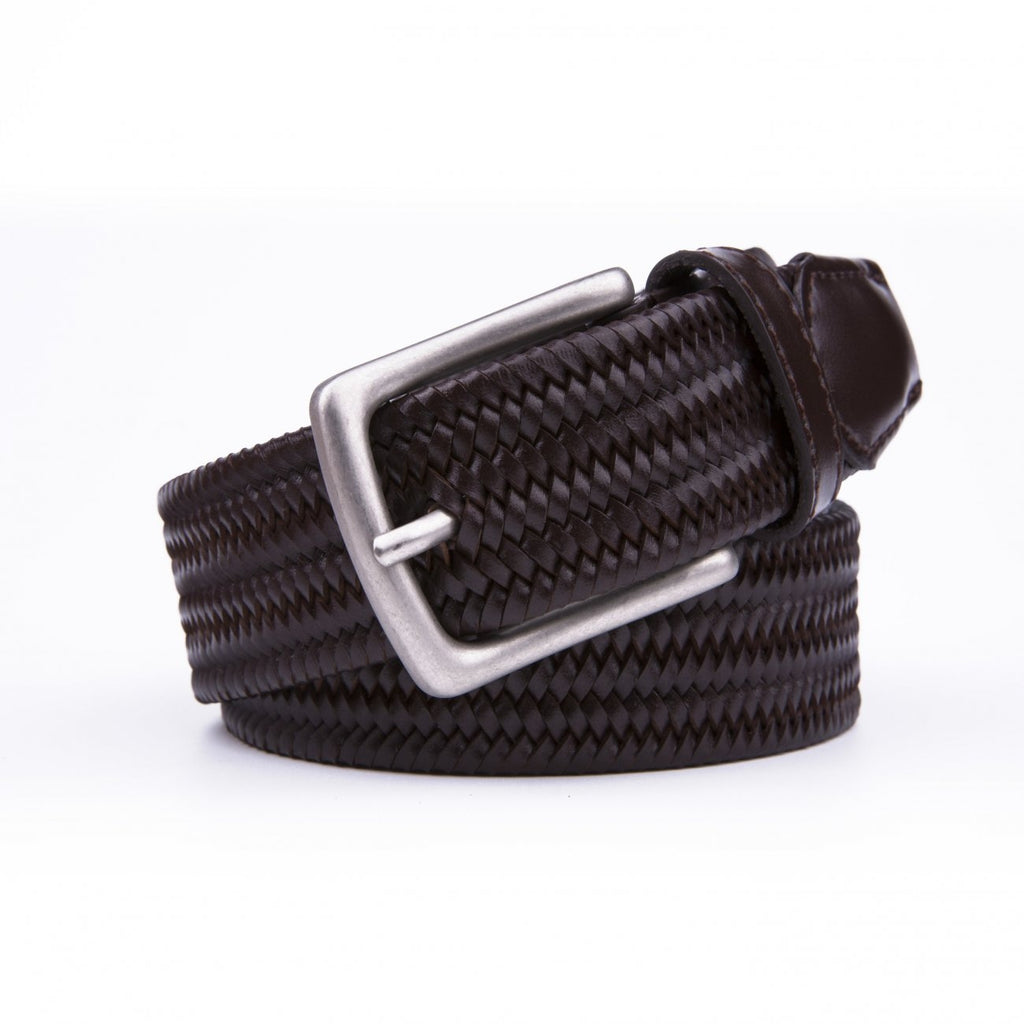 Braided Stretch Brown Belt For Men With Leather Tip Prong Buckle  1.3in Wide
